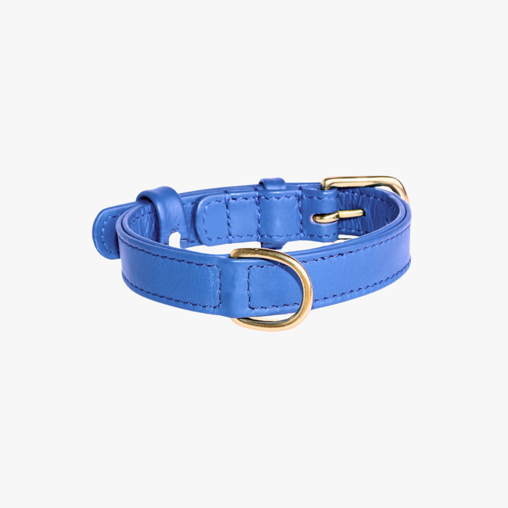 Hondenhalsband luxe leer met naam penning - Denim Blue