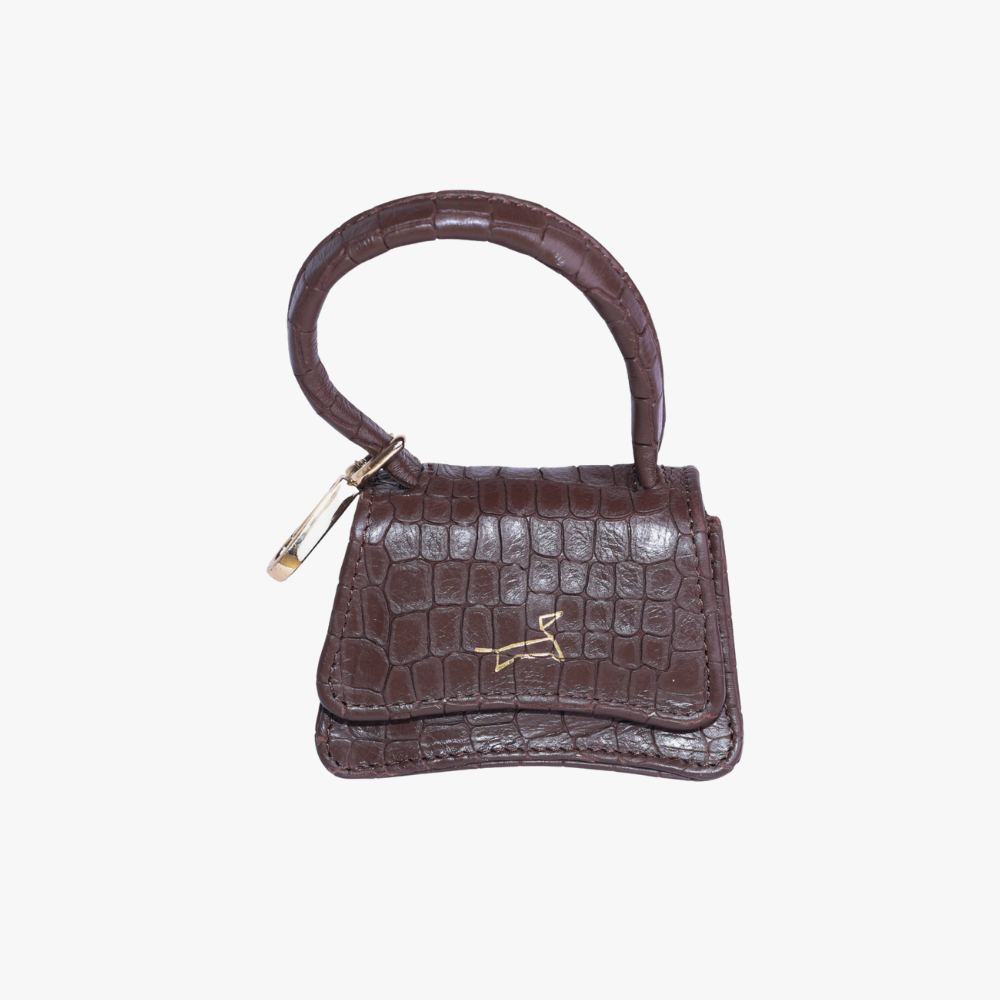 Leren designer mini bag croco donkerbruin met messing clip