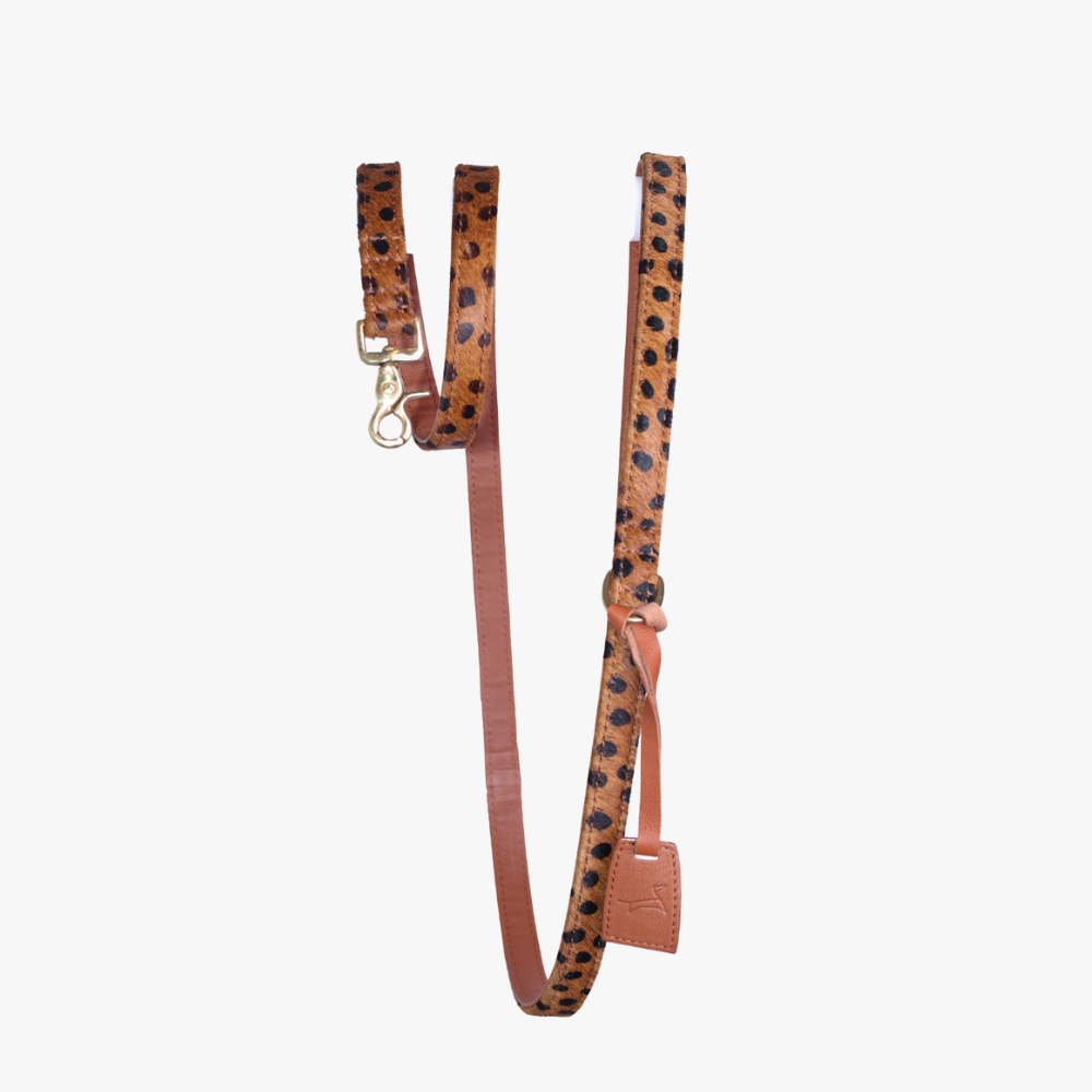 Leren hondenriem cheetah print met messing hardware - 170 cm