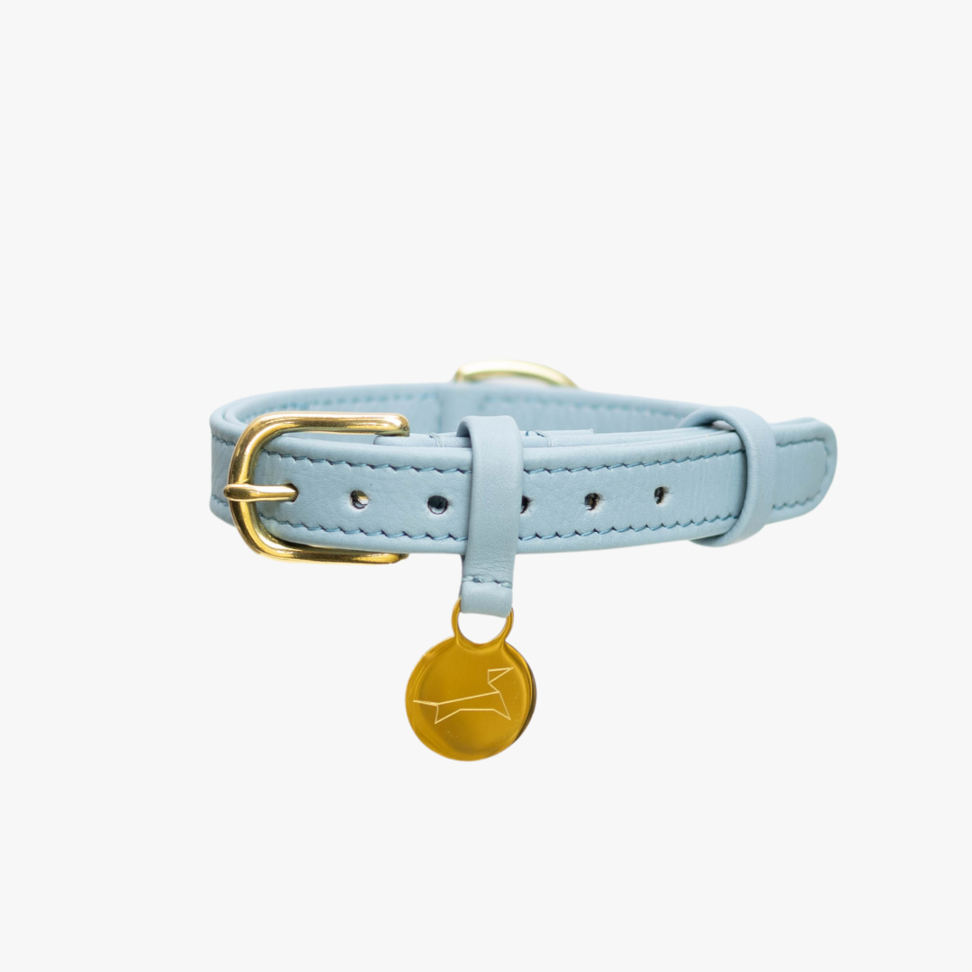 Luxury leather dog collar with name tag - Classic - Light Blue