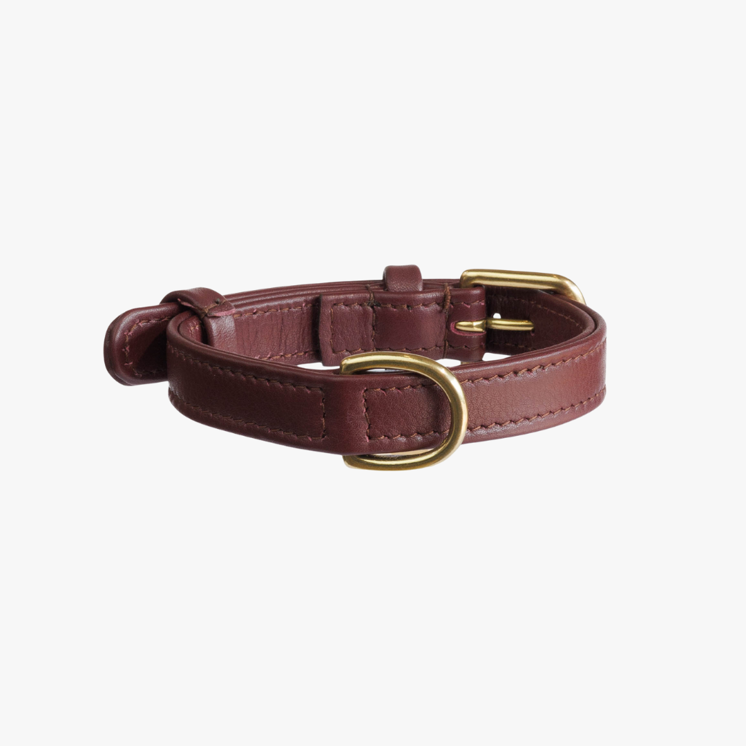 Hondenhalsband luxe leer met naam penning - Klassiek - Bordeaux rood