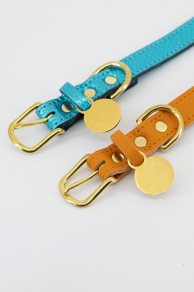 Leather dog collar with name tag - Elegant orange