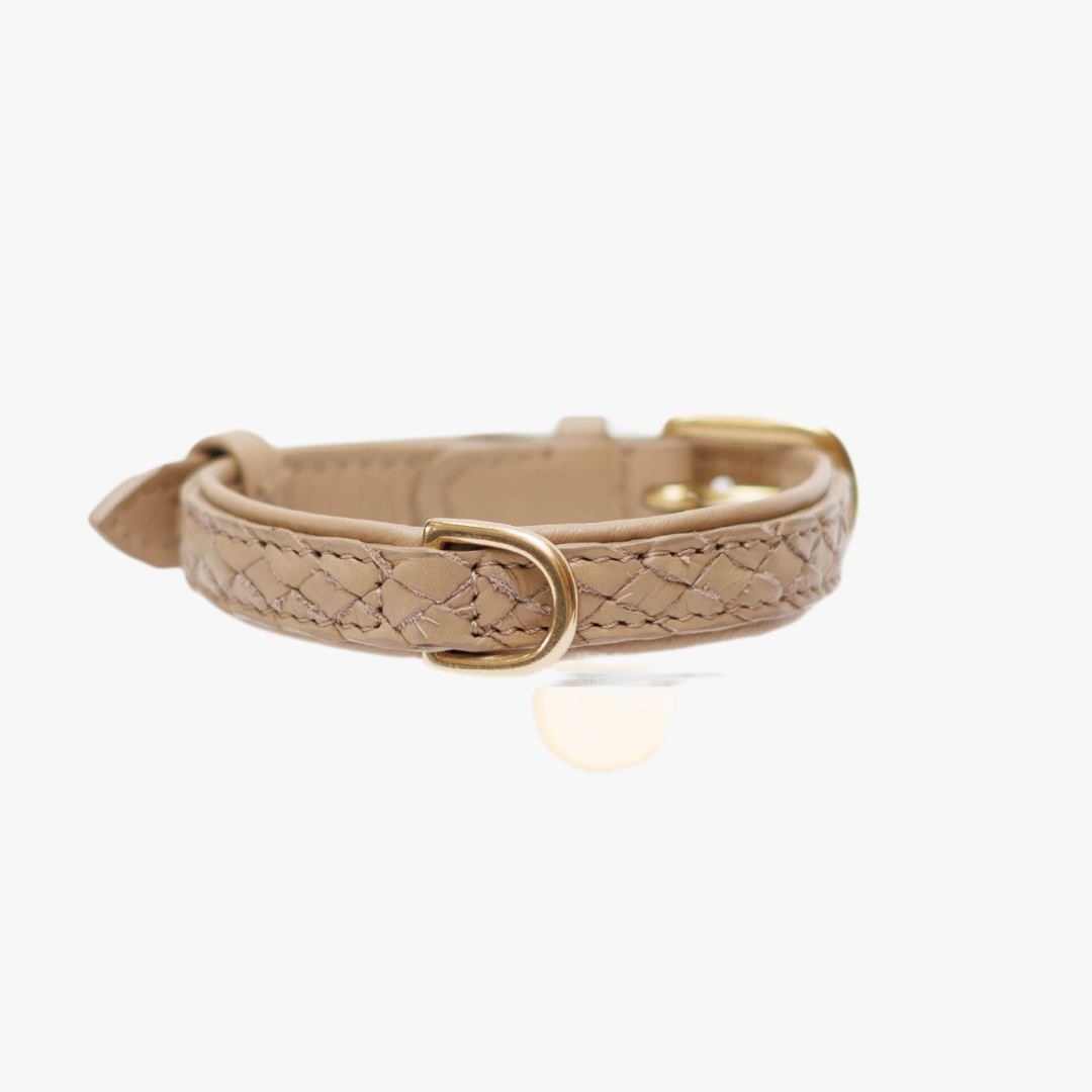 Luxuriöses Hundehalsband aus Leder mit Namensschild – Klassisch – Sand / Taupe