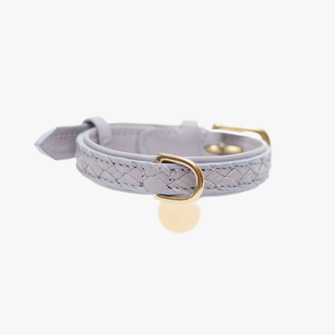 Luxuriöses Hundehalsband aus Leder mit Namensschild – Klassisch – Sand / Taupe