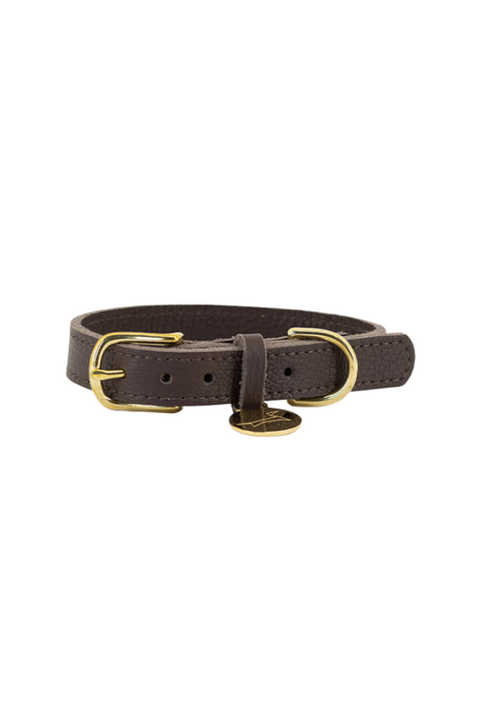 Leather dog collar with small classic grain - Espresso Brown