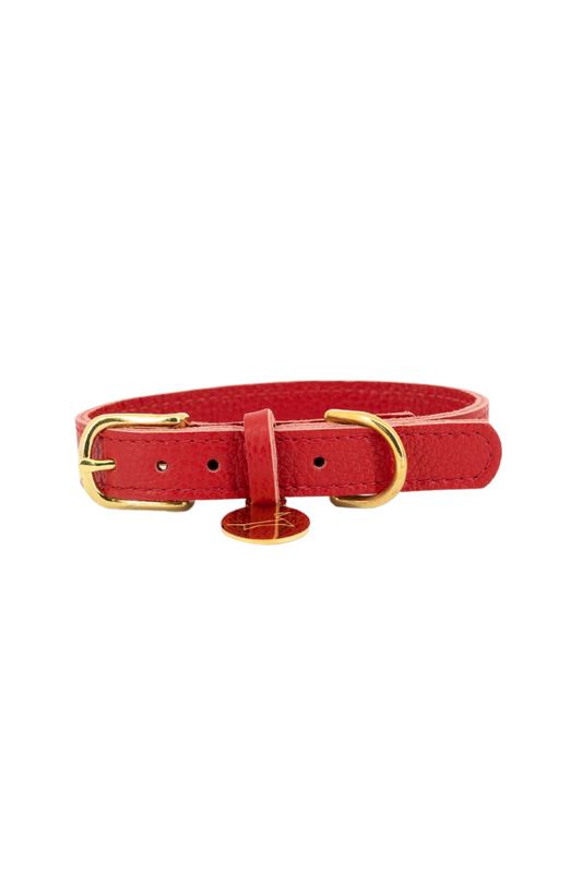 Dog collar with dog tag leather - Ferrari Red