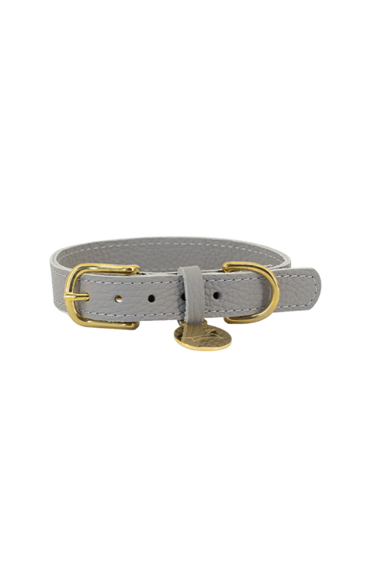 Hundehalsband aus Leder mit Namensschild – Grau