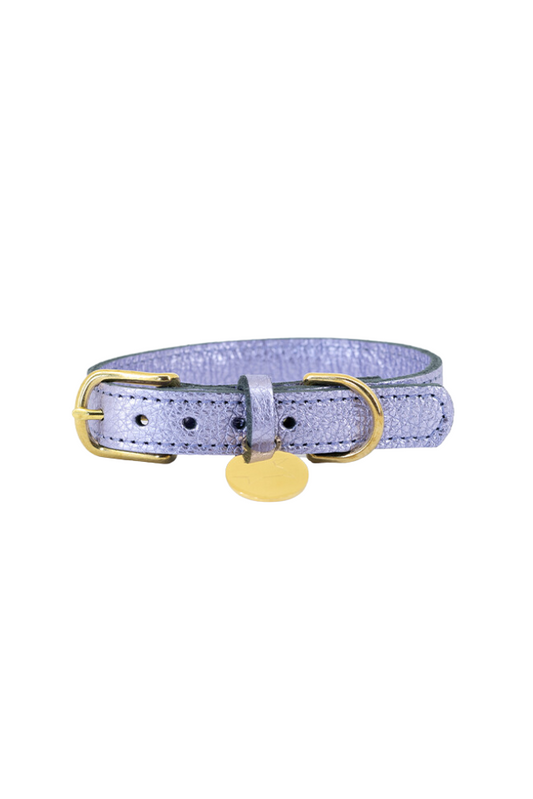 Hundehalsband aus Leder mit Namensschild - Flieder (metallic)