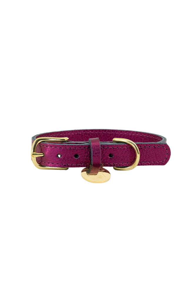 Leather dog collar with name tag - Fuchsia (metallic)