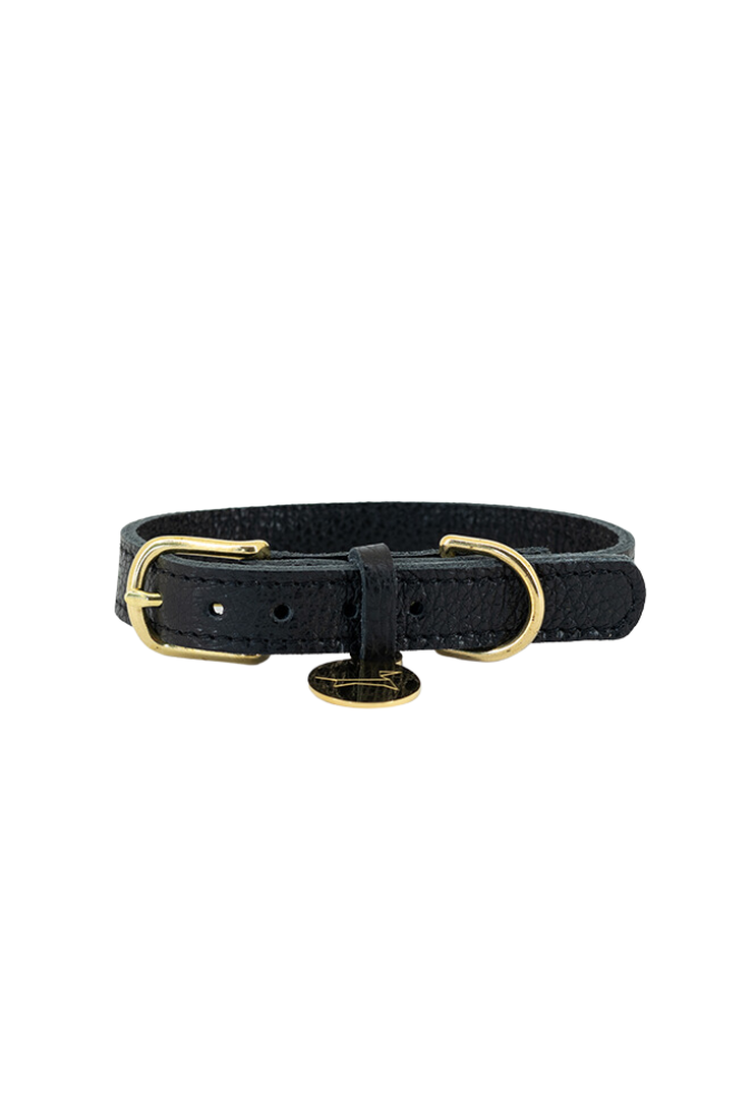 Leather dog collar with name tag - Black (metallic)
