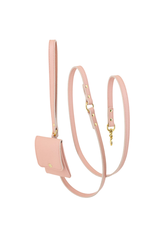Dog leash leather + pooch with small classic grain 170 cm long | 1.5 cm wide - Baby pink