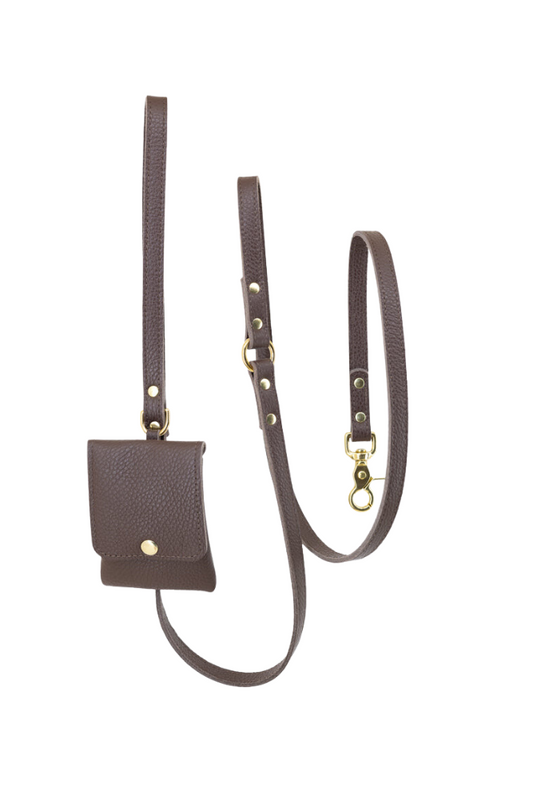 Dog leash leather + pooch with small classic grain 170 cm long | 1.5 cm wide - Espresso Brown