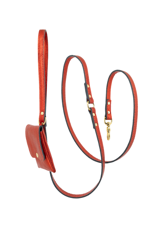 Dog leash + pooch metallic leather with small classic grain 170 cm long | 1.5 cm wide - Fire red