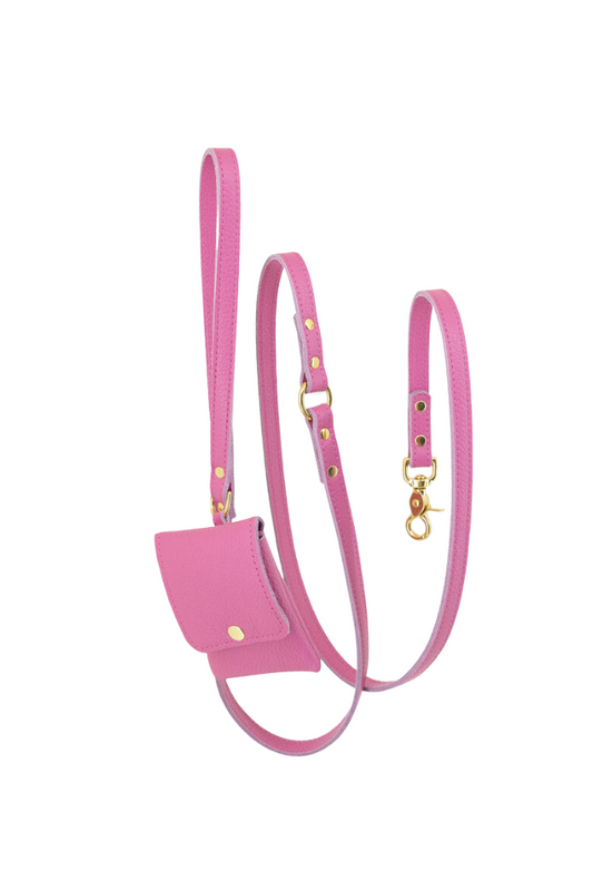Dog leash + pooch leather with small classic grain 170 cm long | 1.5 cm wide - Pink