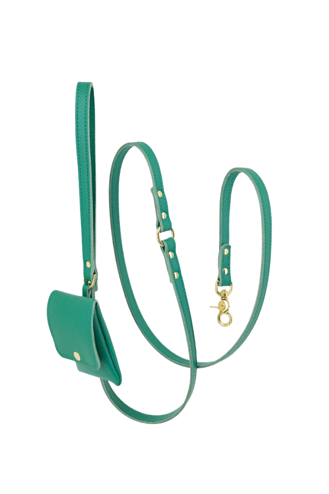 Dog leash leather + pooch with small classic grain 170 cm long | 1.5 cm wide - Emerald