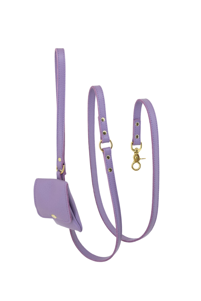 Dog leash leather + pooch with small classic grain 170 cm long | 1.5 cm wide - Soft Purple