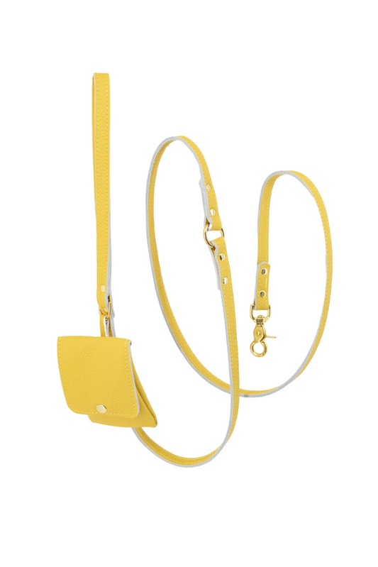 Dog leash + pooch leather with small classic grain 170 cm long | 1.5 cm wide - Sunflower yellow
