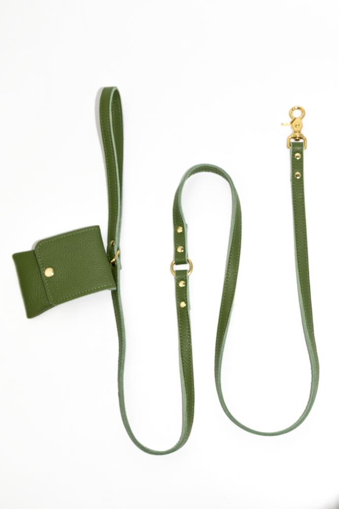 Dog leash + pooch leather with small classic grain 170 cm long | 1.5 cm wide - Moss green