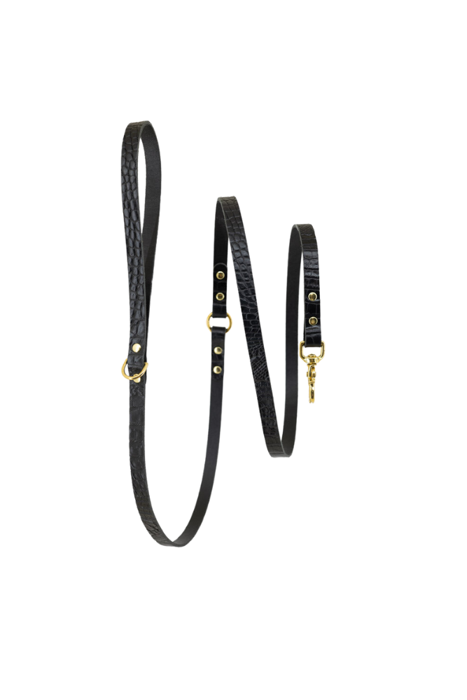 Dog leash harness leather with croco print 170 cm long - Black