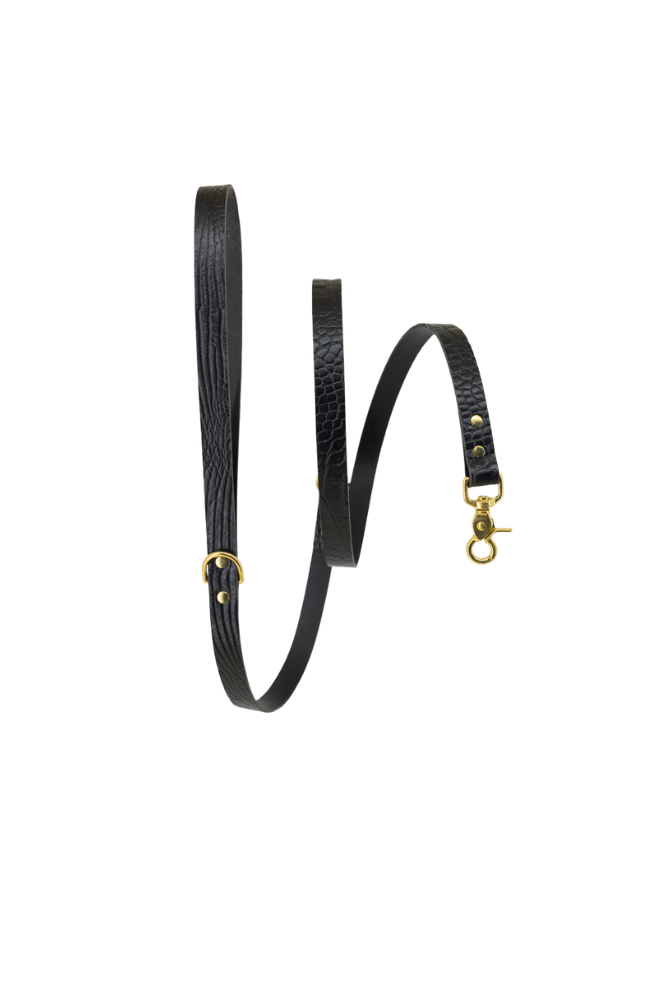 Dog leash harness leather with croco print 170 cm long - Black