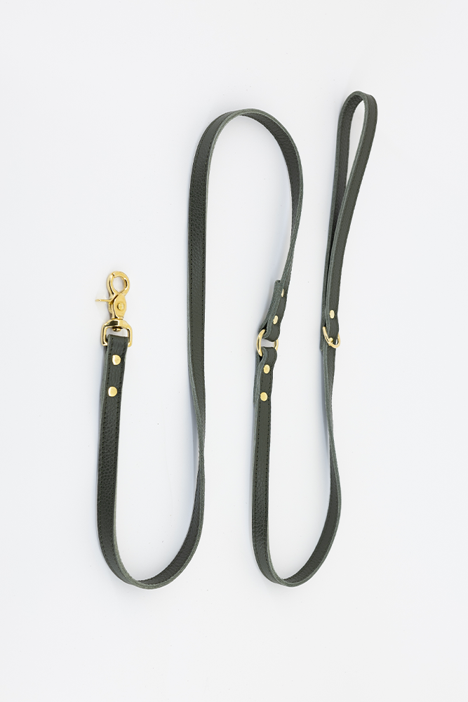 Dog leash leather with small classic grain 170 cm long | 1.5 cm wide - Army green