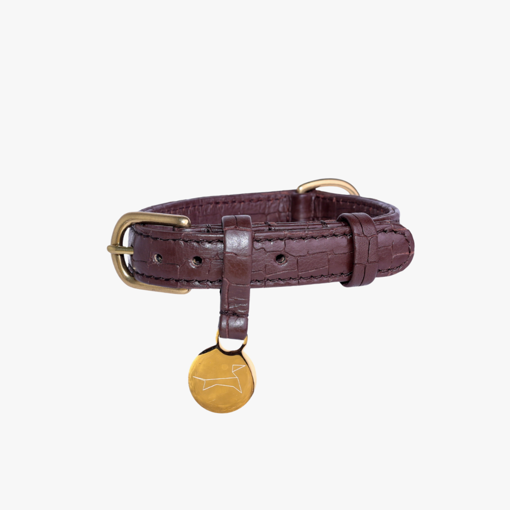 Leren hondenhalsband croco donkerbruin met messing details