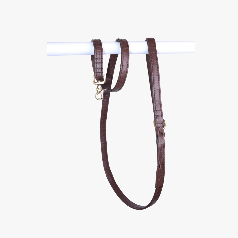 Leren hondenriem croco donkerbruin met messing hardware - 170 cm