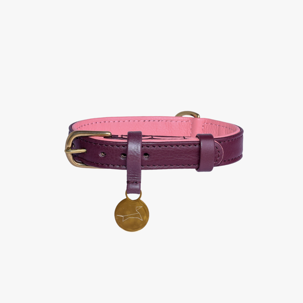 Leren hondenhalsband Two Tone berry en roze met messing details