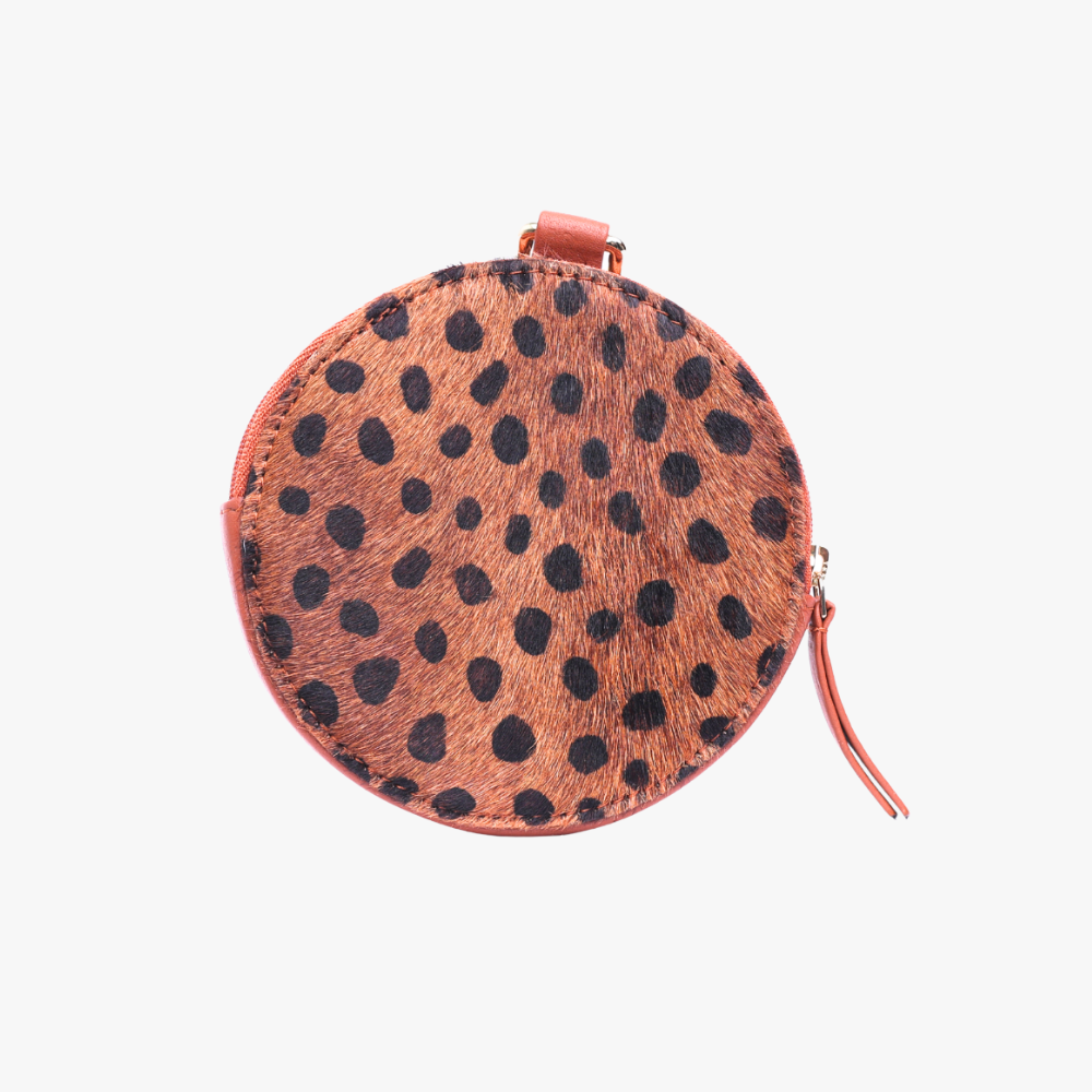 Ronde leren Cheetah beloningstas met messing clip