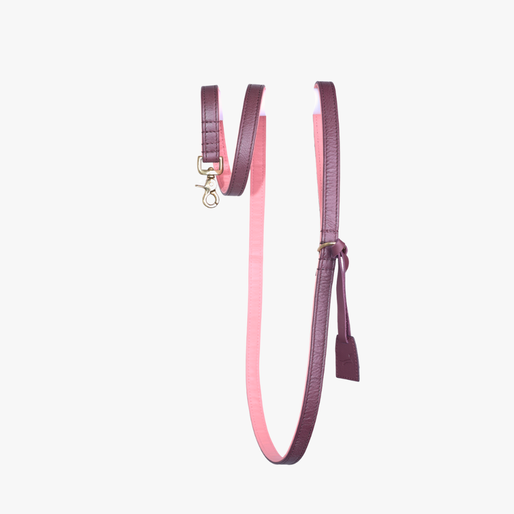 Leren hondenriem Two Tone berry en roze - 170 cm
