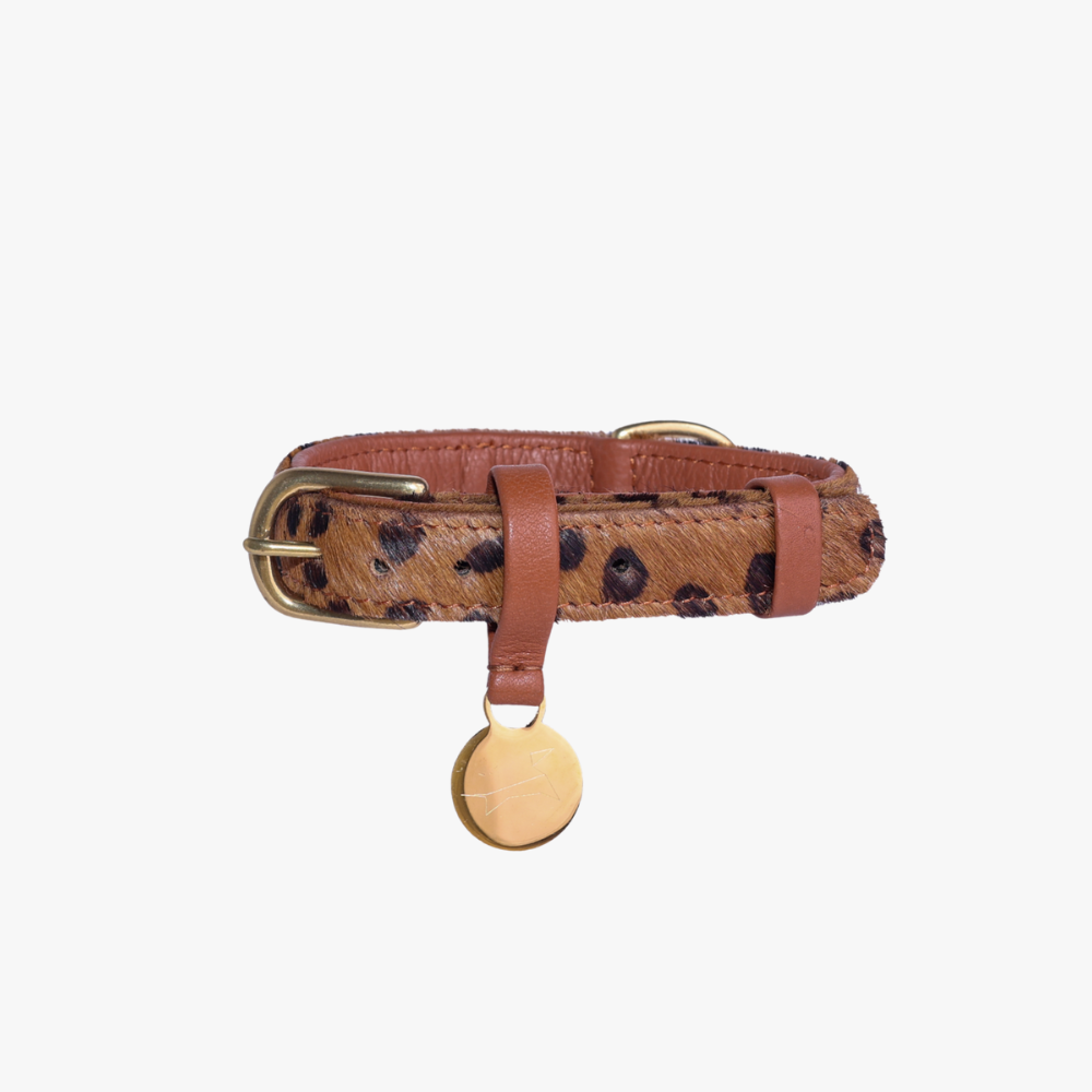 Leren hondenhalsband cheetah cognac met messing hardware