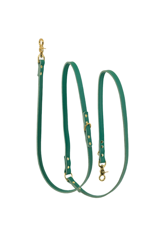 Hands-free adjustable leather dog leash - Emerald green (police leash)