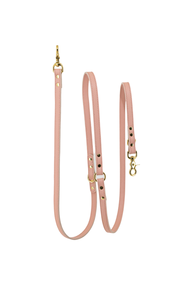 Adjustable dog leash leather with small classic grain - Baby pink