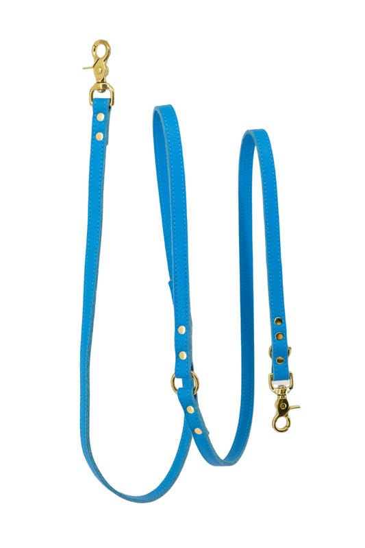 Hands-free adjustable leather dog leash - Frida blue (police leash)