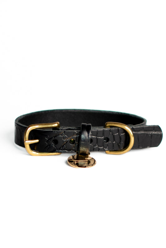 Dog collar harness leather with crocodile print - Black