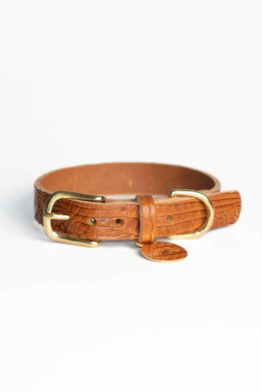 Dog collar harness leather with crocodile print - Cognac