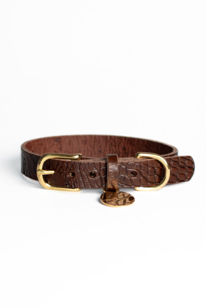 Dog collar harness leather with crocodile print - Dark brown