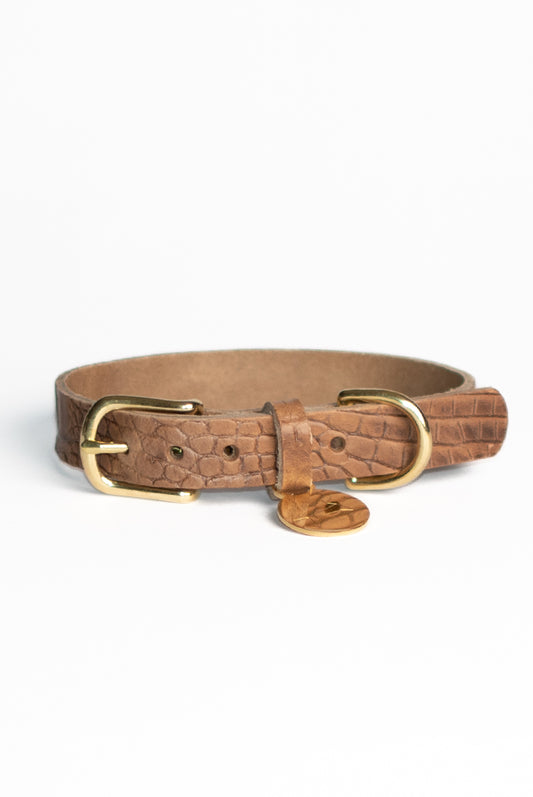 Dog collar harness leather with croco print - Light Brown