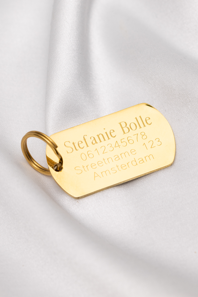 Gold dog tag with name and address engraving - Pixie